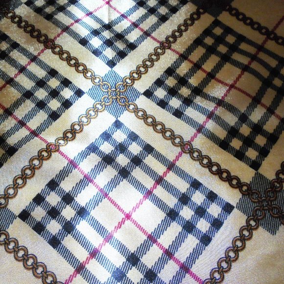 Scarf 19" Square Satin tan color classic plaid print - Picture 3 of 6